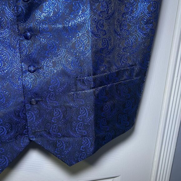 Barry.Wang Vest Men XL Blue Black Paisley Formal Set Bow Tie Hanky Wedding NWOT - Picture 4 of 10